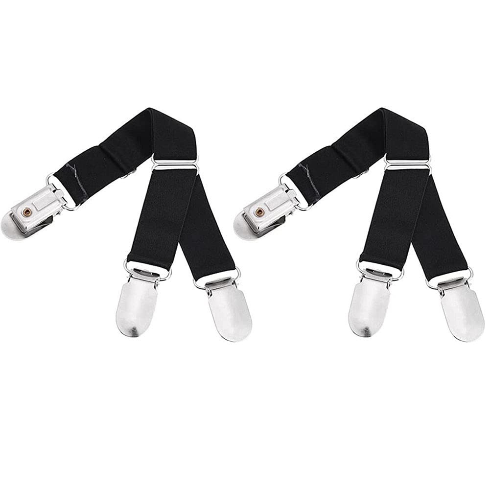 Pair of Adjustable Elastic Bottom Clip Y-Style Garters, Suspender Belts, Shirt Rest, Stocking Holder with Metal Clasp (Black)