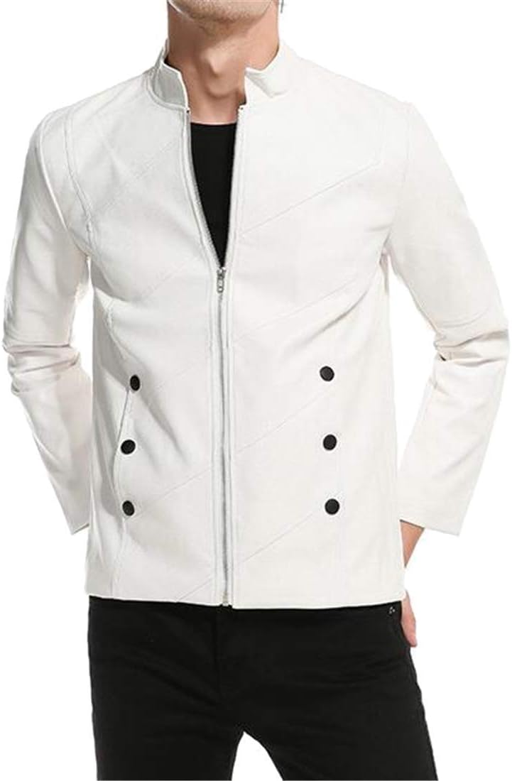 MK988 Men's Stand Collar Button Trim Zip Up Oversized Pu Leather Moto Biker Jacket Coat