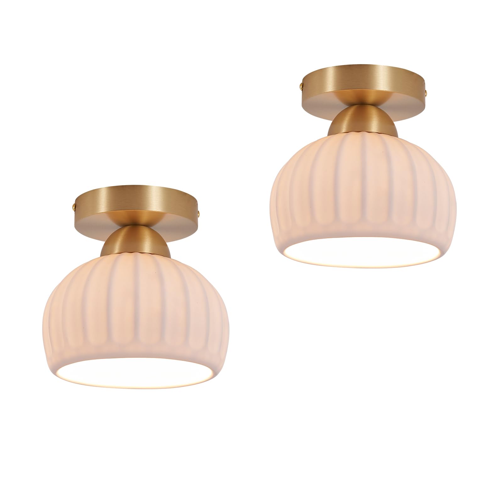Photo 1 of 2 Pack Ceramic Brass Semi Flush Mount Ceiling Light Fixtures Modern Hallway Light Fixtures Small Gold Flush Mount Ceiling Light for Dining Room Kitchen Passway Entryway Porch Foyer