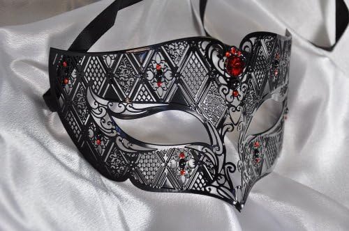 Bloody Crimson Red Rhinestone Mysterious Artisan Hand Crafted Metal Filigree Masquerade Mask