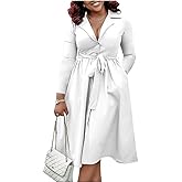 BFFBABY Fall Dresses for Women Plus Size Casual Long Sleeve V Neck A Line Midi Dresses with Belt Pockets