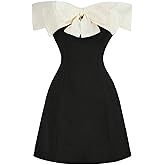 GORGLITTER Women's Bow Tea Party Birthday Mini Dress Off The Shoulder Summer Cocktail Graduation Going Out Sun Dresses Black and White Bow Small