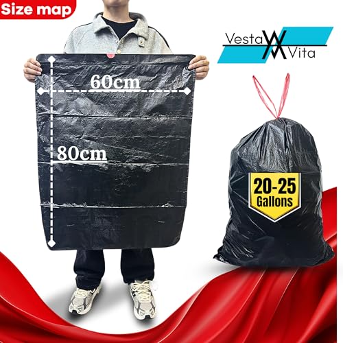 VESTA VITA - 60 * 80cm Black - pack of 2 rolls 50pcs - 20-25 Gallon Medium Garbage bag for home and office - Garbage bag small for kitchen use - Drawstring Trash bags - Plastic bags with handles