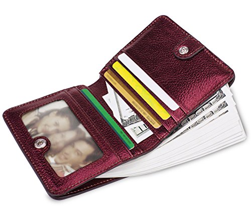 BIG SALE-AINIMOER Women's RFID Blocking Leather Small Compact Bifold Pocket Wallet Ladies Mini Purse with id Window (Wine Gold)