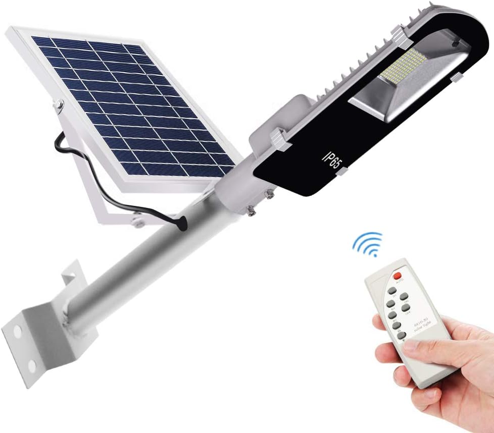 60W Led Solar Outdoor Street Light, 6000K Cool White 60Leds IP65 Waterproof Dusk to Dawn Led Flood Security Light with Remote Control for Street Yard Parking Lot Pathway Basketball Court Lighting