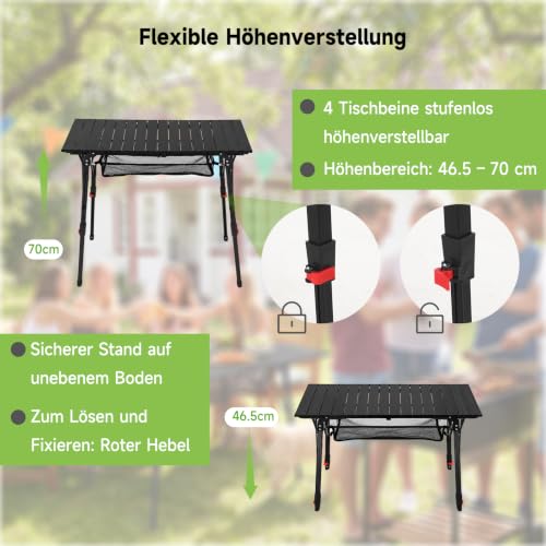 HAUSPROFI Camping Table Foldable Aluminium Height Adjustable 93 x 53 cm Folding Table with Roll-Up Table Top Carry Bag & Mesh Bag for Camping Picnic Garden Balcony Outdoor Black Model 2026