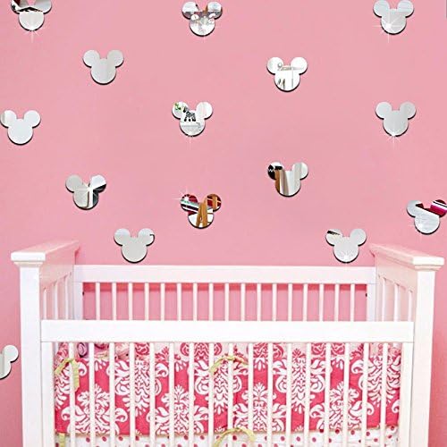 20PCS of Mirror Wall Stickers Cute Mickey Mouse Crystal Mirror Stickers Acrylic 3D Decorative Stickers for Kids Room Nursery Deco (Silver)