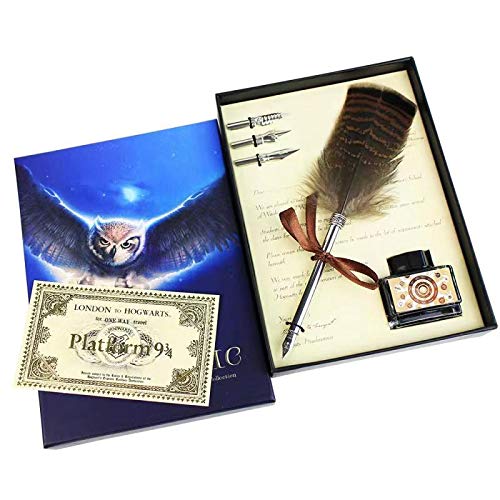 dealion Feather Quill Pen Calligraphy Pen Writing Quill Ink Dip Pen with 3 Nibs and Replica Train Tickets in Gift Box