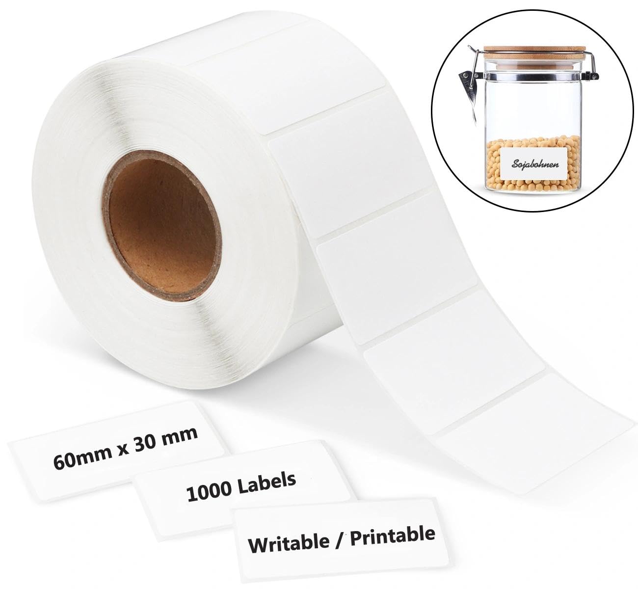 ilauke 1000 Sticky Labels on A Roll 60mm x 30mm, Self-Adhesive White Address Sticky Labels on A Roll for Package Mailing Price Jam Stickers
