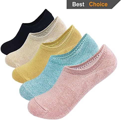 Women's No Show Socks Cotton Non Slip Low Cut for Girl Flats Boat Liner (Pack 4/5) (5 Pairs(Black+Turmeric+Azure+Pink+Khaki))