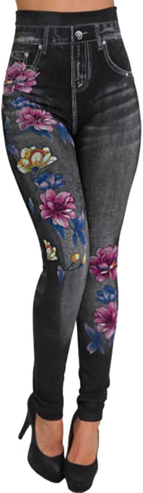Womens Straight Leg Jeans Flowers Floral Print High Waist Faded Skinny Casual Slim Pencil Pants