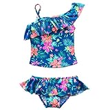 TIAOBU Girls Floral Spaghetti Swimwear One Shoulder Brief Skirt Tankini Swimsuit
