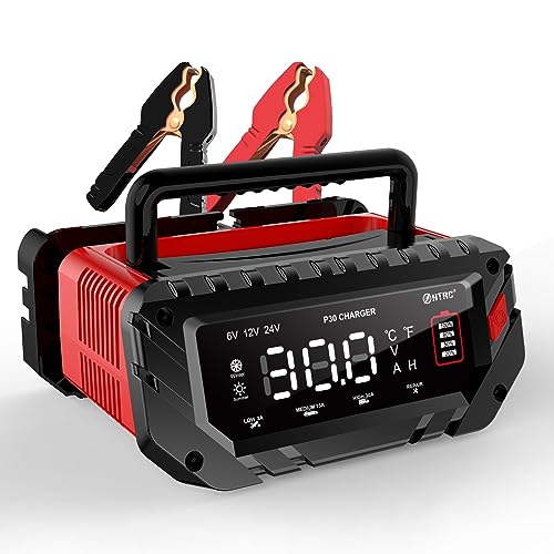 HTRC 6 V/12 V/24 V car battery charger, 30 A chargers for car batteries, battery charger for car, motorcycle, lawn mower, boat, lithium, LiFePO4 and lead acid (AGM, Gel, MF, EFB, SLA, VRLA, Wet)