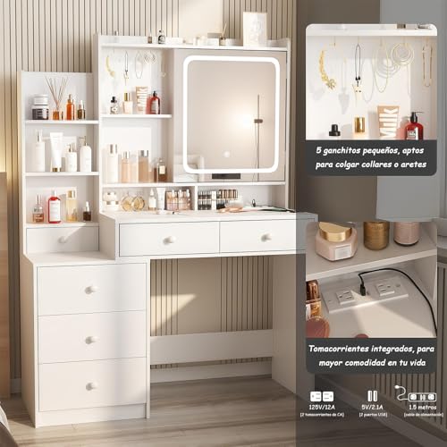 Tocador- Vanity con Espejo Luz LED Mueble para Maquillaje, Tocador de Maquillaje con Estación de Carga Escritorio, Estantes Ocultos, con 6 Cajones y Estantes de Almacenaje para Recamara (Blanco)