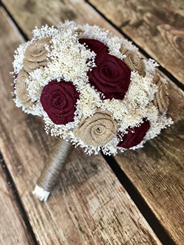 Burgundy &amp; Natural Bridal Bouquet(choose size) Pictured is a 23 Flower Bridal : Burlap Bridal Bouquet, Burlap Bouquets, Burlap Wedding Bouquets, Burgundy Bouquets, Rustic Bouquets
