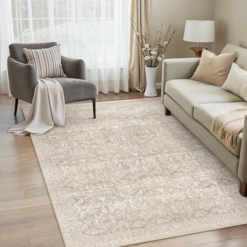 PureCozy Beige Vintage Teppich Wohnzimmer 140x200cm Waschbar
