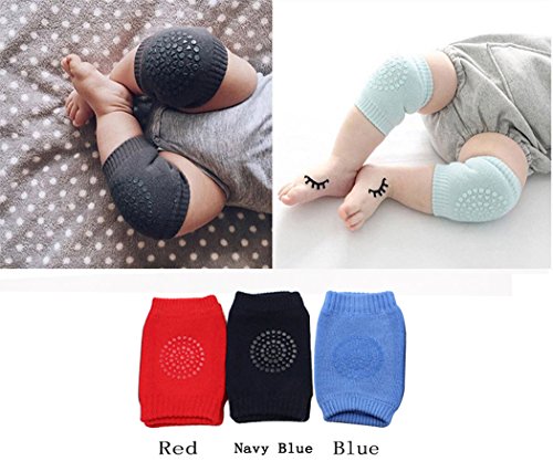 Hillento Unisex Baby Crawling Anti-Slip Kneepads, Toddler Knee Elbow Pads Crawling Protecter, 3 Pairs(Navy Blue, Blue, Red)