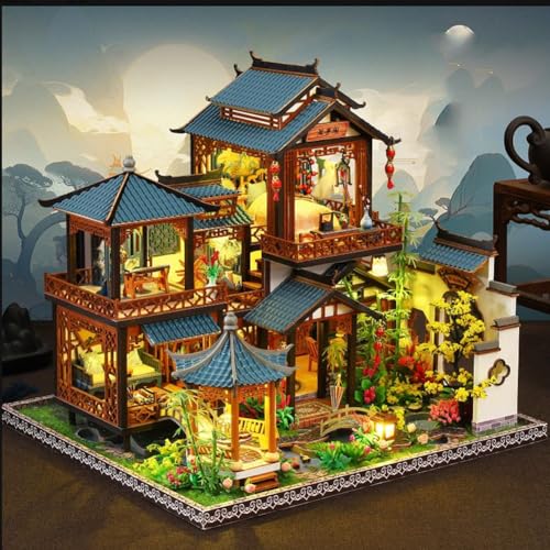 TOPBSFARNY 3D Wooden Miniature Assembled Dollhouse Kit,Chinese Style Yard Playground with Musical Creativity, Halloween Birthday Gift (with Dust Cover)