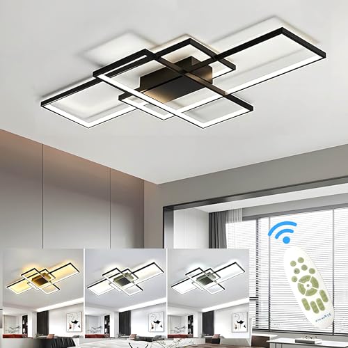 ASJK Ceiling Light Living Room 60 W Modern LED Ceiling Light Square 3000 K 6000 K Geometric Multifunctional Ceiling Lighting with Remote Control for Living Room (80 cm, Black)