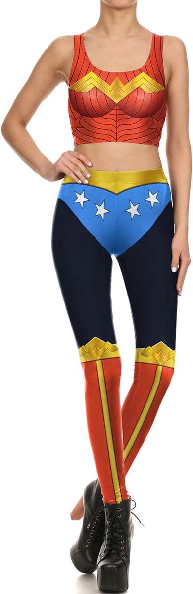 QQWE Wonder Woman Cosplay Printing Vest Leggings Yoga Gym Wear Set Elasticity Pants Stretch-Fit Exercise Fitness Suit