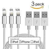 WANGCL iPhone Charger 3Pack 3FT/6FT/10FT(1M/2M/3M) Nylon Braided 8 pin Charging Cables USB Charger Cord, Compatible with iPhone 7/7 Plus/6s/6s Plus/6/6 Plus/5/5S/5C/SE/iPad and iPod (Silver)