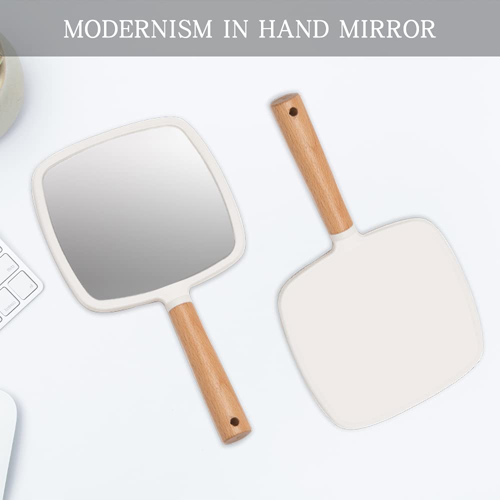 YEAKE Hand Held Mirror with Handle for Makeup,Small Cute Wood Hand Mirror for Shaving with Hole Hanging Single-Sided Portable Travel Vanity Mirror for Men&Women(Square)