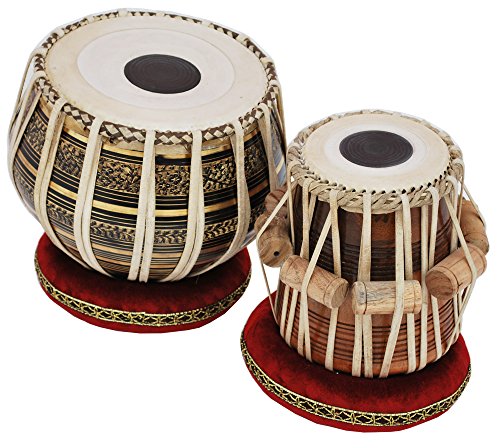 Tabla Drum Set, 2.5 Kg Black Painted Designer Brass Bayan, Beautiful Look, Sheesham Wood Dayan, Hand Made Drum Skin, Camel Leather Strap to Tune, Comes with Tuning Hammer, Gig Bag, Cushion & Cover - Thumbnail 3