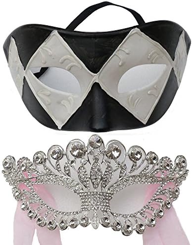 ZjpMask handicraft Full Rhinestone Venetian Masquerade Ball Women Mask and Black White Grid For Party (Couples Style)