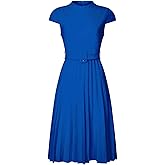 Hobemty Women's Pleated Dress Mock Neck Cap Sleeve Belted A-Line Dresses