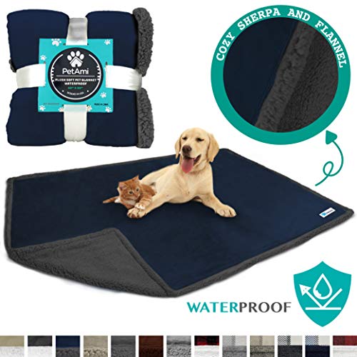 PetAmi Waterproof Dog Blanket for Bed Couch Sofa | Waterproof Dog Throw Bed Cover for Large Dogs Puppy | Navy Grey Sherpa Fleece Pet Blanket Furniture Protector | Reversible Microfiber 80×55 (Navy)