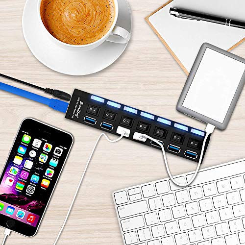 USB HUB 3.0 Splitter for Ps4,2win2buy 7 Port USB Data Hub with Power Adapter and Charging Port,Individual On Off Switches & Lights for Laptop PC Computer Mac Playstation 4 Slim Pro Flash Drive