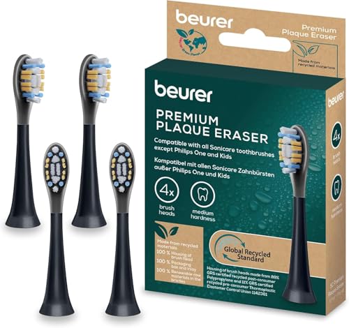Beurer SC Plaque Eraser Electric Toothbrush Heads, 4 Replacement Brushes for Philips Sonicare Sonic Toothbrushes, Optimized Bristle Vibration, Medium Hardness