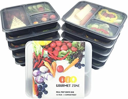 Gourmet Zone 3 Compartment BPA FREE Reusable Food Storage Containers with Lids | Microwave &amp; Dishwasher Safe Meal Prep Bento Lunch Box | Stackable Portion Control Plates | Set Pack of 10