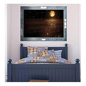 Wall26 - Science Fiction ViewPort - Decal - Peering at the Moon Hovering Over Calm Waters - Wall Mural, Removable Sticker, Home Decor - 24x32 inches