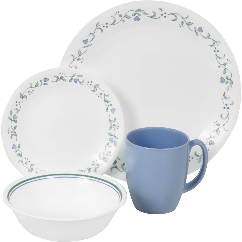 Corelle 16-Piece Vitrelle Glass Country Cottage Chip and Break Resistant Dinner Set, Service for 4, Green/Blue