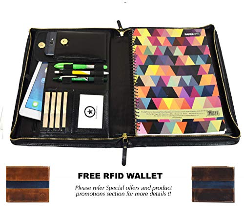 Zippered Genuine Leather Business Portfolio |Easy to Carry Organizer With Writing Pad Holder, Business Card And Pen Slots. IPAD Holder And Flip-Closure Phone Pocket,Black by Aaron Leather (W/o Handle)