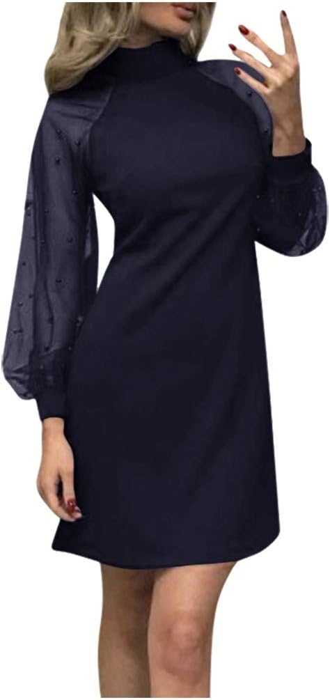 Strungten - Women's Elegant Mini Dress Plus Size Mesh Contrast Pearl Beading Sleeve Turtle Neck Stretchy Bodycon Cocktail Party Pencil Dress