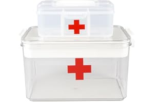 Xbopetda Home First Aid Box and Travel Medicine Storage Box, Plastic Medicine Kit Case Container Empty, Medical Box with Lock Lid & Handle, Emergency Supplies Organizer for Family and Traveling, Clear
