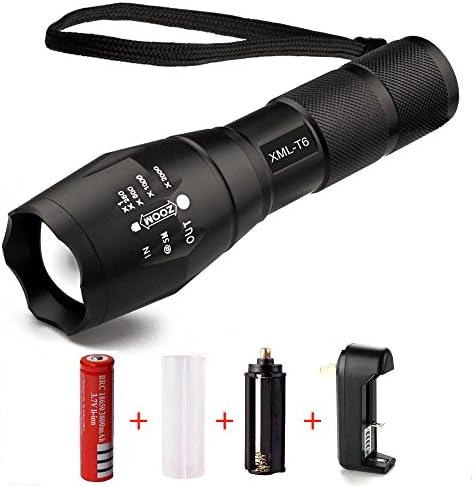 LED Tactical Flashlight CREE XML-T6 3800 lm Zoomable Waterproof Multifunction XML-T6 3800 Lumen, Portable Outdoor Camping Water Resistant Torch, 5 Light Modes 18650 Rechargeable Battery &amp; Charger