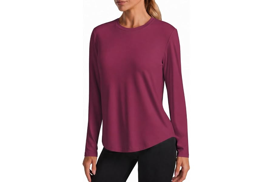 PINSPARK Soft Workout Tops for Women Long Sleeve Athletic Hiking Shirts | Soft, Moisture Wicking, Quick-dry, UV Protection, Side Curved Hem, Crewneck for Workout, Hiking, Running, Pilates, Casual