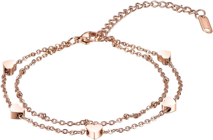HooAMI Stainless Steel Heart Link Chain Anklet Bracelet Adjustable