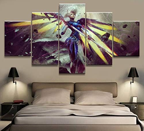 5 Panel Overwatch Mercy Game Canvas Printed Painting for Living Room Wall Art Home Decor HD Picture Modern Artworks,A,20×35×2+20×45×2+20×55×1