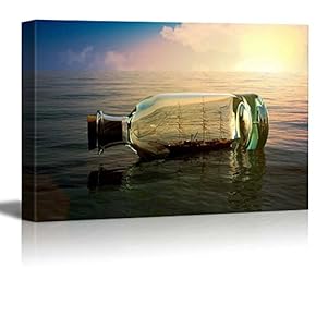 Canvas Prints Wall Art - Ship in a Drifting Bottle at Sea Retro Style | Modern Wall Decor/Home Decoration Stretched Gallery Canvas Wrap Giclee Print. Ready to Hang - 12" x 18"