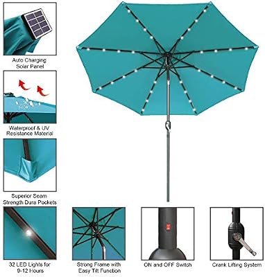 Amazon Com 7 5ft Patio Umbrella Ourdoor Solar Umbrella Led Umbrellas With 32led Lights Tilt And Crank Table Umbrellas For Garden Deck Backyard And Pool 12 Colors Turquoise Garden Outdoor