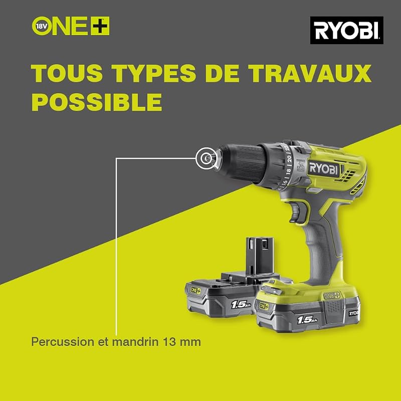 - Perceuse-visseuse à percussion sans fil 18V ONE+ avec 2 batteries lithium+ 1,5 Ah - R18PD3-215S