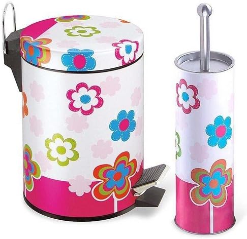 Multiple Colors - Stainless Steel Waste Bin and Toilet Brush Set -Flower
