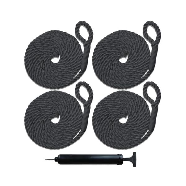 4-Boat-Fenders-65-x-23-Vinyl-Ribbed-Bumper-Dock-Shield-Protection-Black-Includes-4-7-Long-Fender-Lines-Pump-to-Inflate