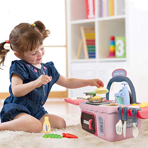 Dreamon Spielküche Spielzeug Kinderküche Zubehör Kochset Kinder Picknickkorb mit Musik Licht, Kinder (Rosa) – Bild 4