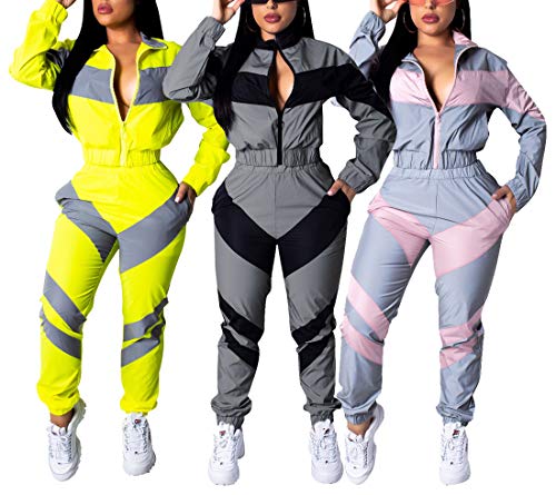 Two Piece Sets for Women - Color Block Zip Up Jacket Tops + Long Pants Activewear Set with Pockets Yellow L
