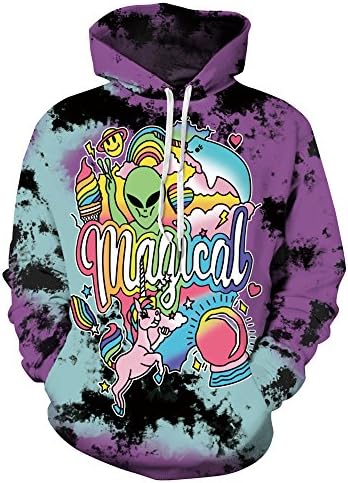 RedBeana Unisex Colorful Unicorn &amp; Alien Print Hoodie Pullover Sweatshirts Multi Color Small Medium